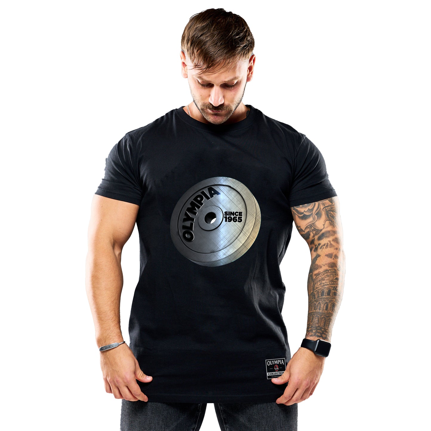 Olympia Black T-Shirt with Weight Plate graphics