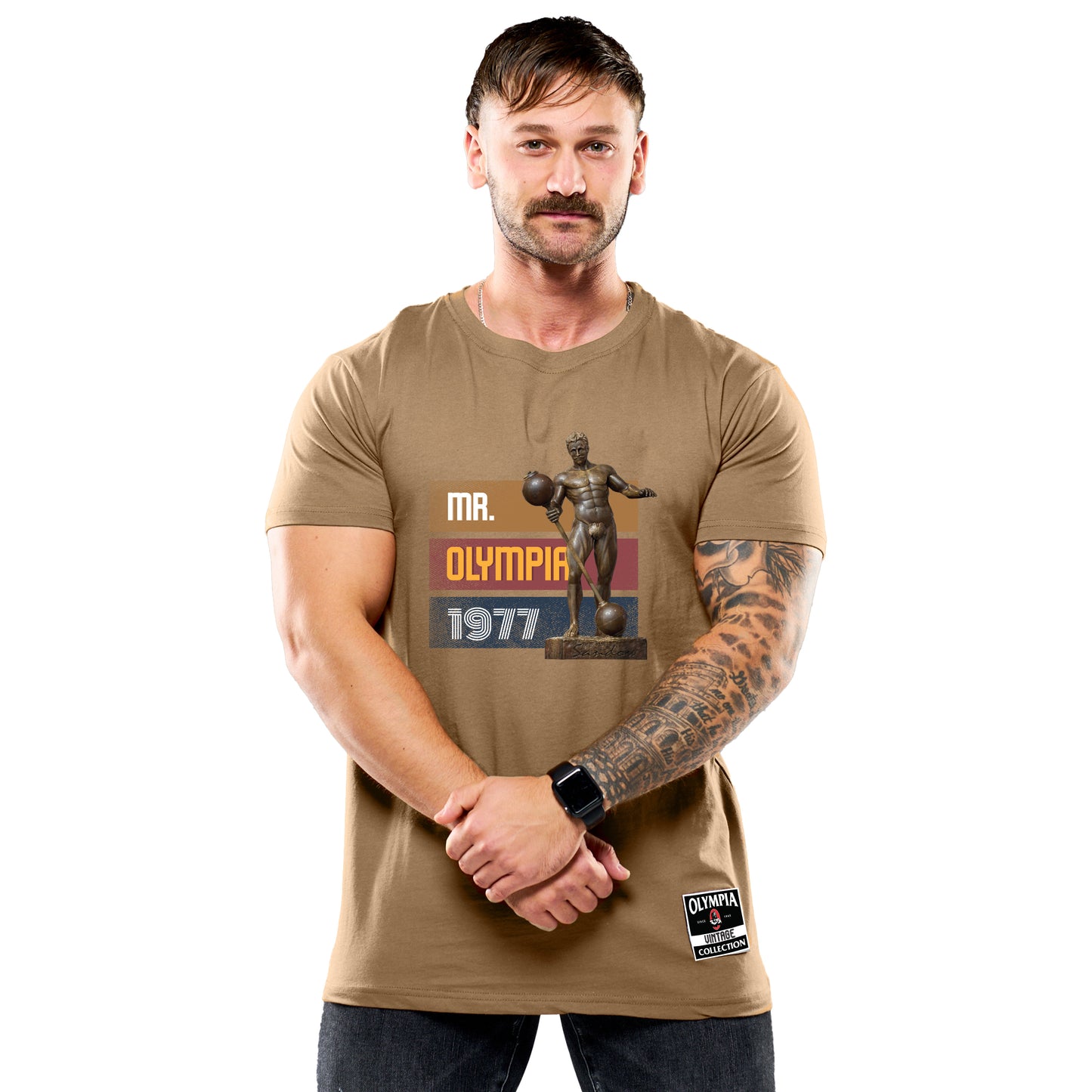 Mr. Olympia 1977 Vintage Tan T-Shirt with Sandow Trophy
