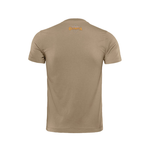 Mr. Olympia 1977 Vintage Tan T-Shirt  with Sandow Trophy