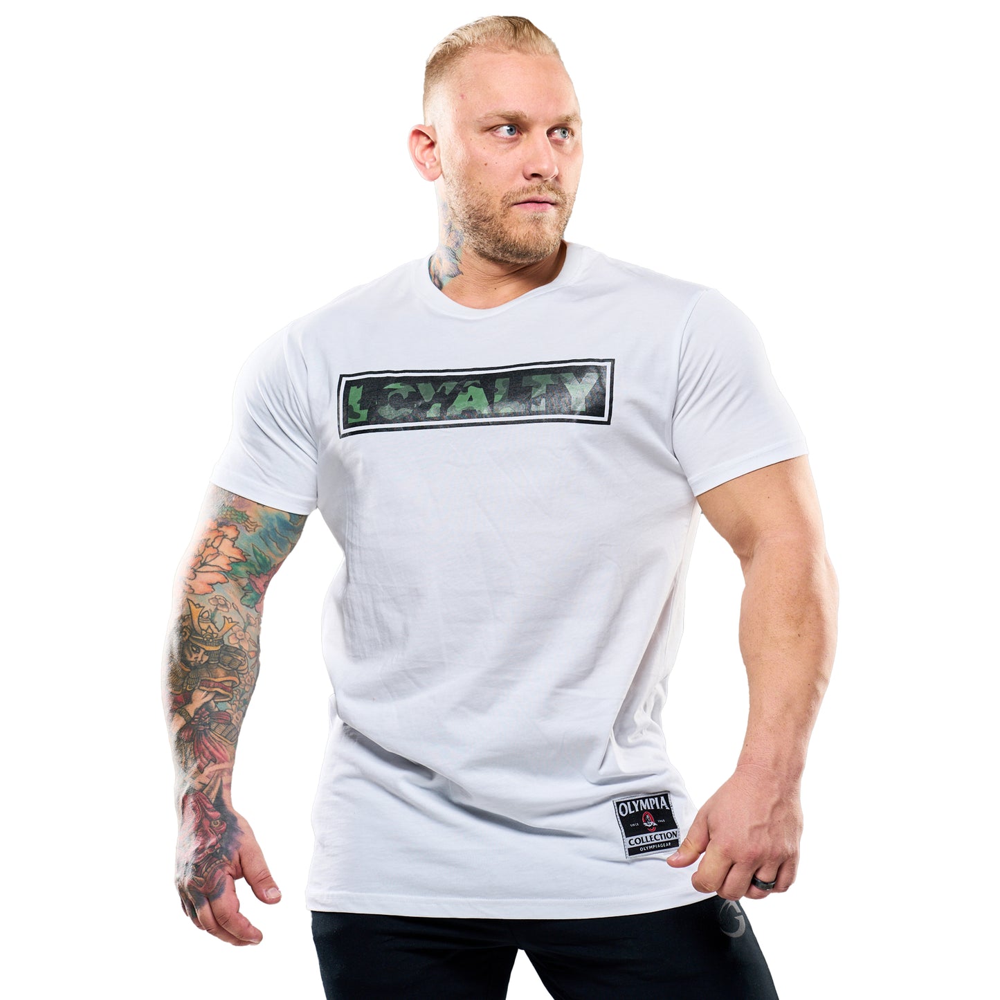 Olympia White T-Shirt with Camo Loyalty Logo